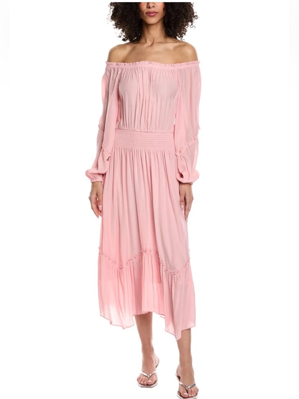 RAMY BROOK Julia Off-Shoulder Pink Midi Dress with Smocked Waist 💗NWT💗